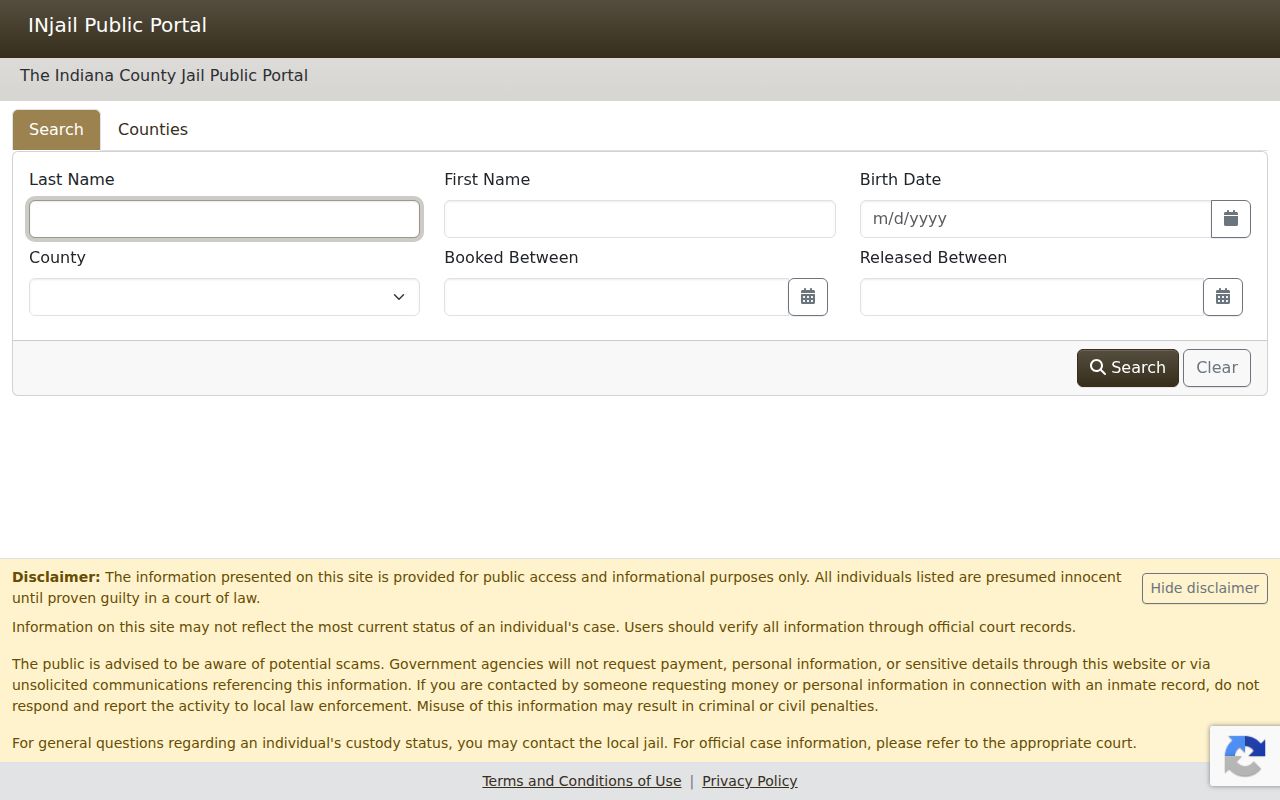 Indiana county jail public portal for a limited Avon custody lookup