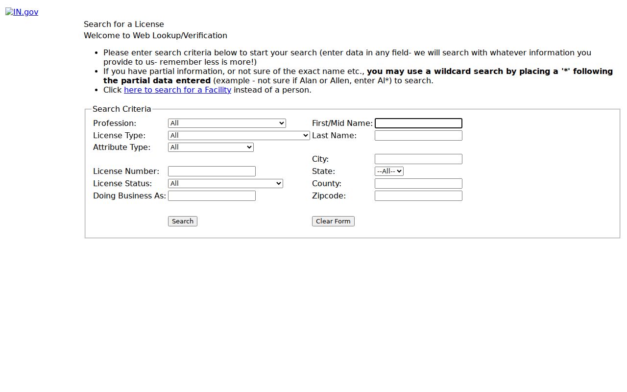 Indiana MyLicense search fields for an Avon name and license