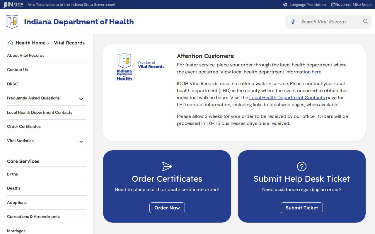 Indiana Vital Records portal used for Avon certificate requests