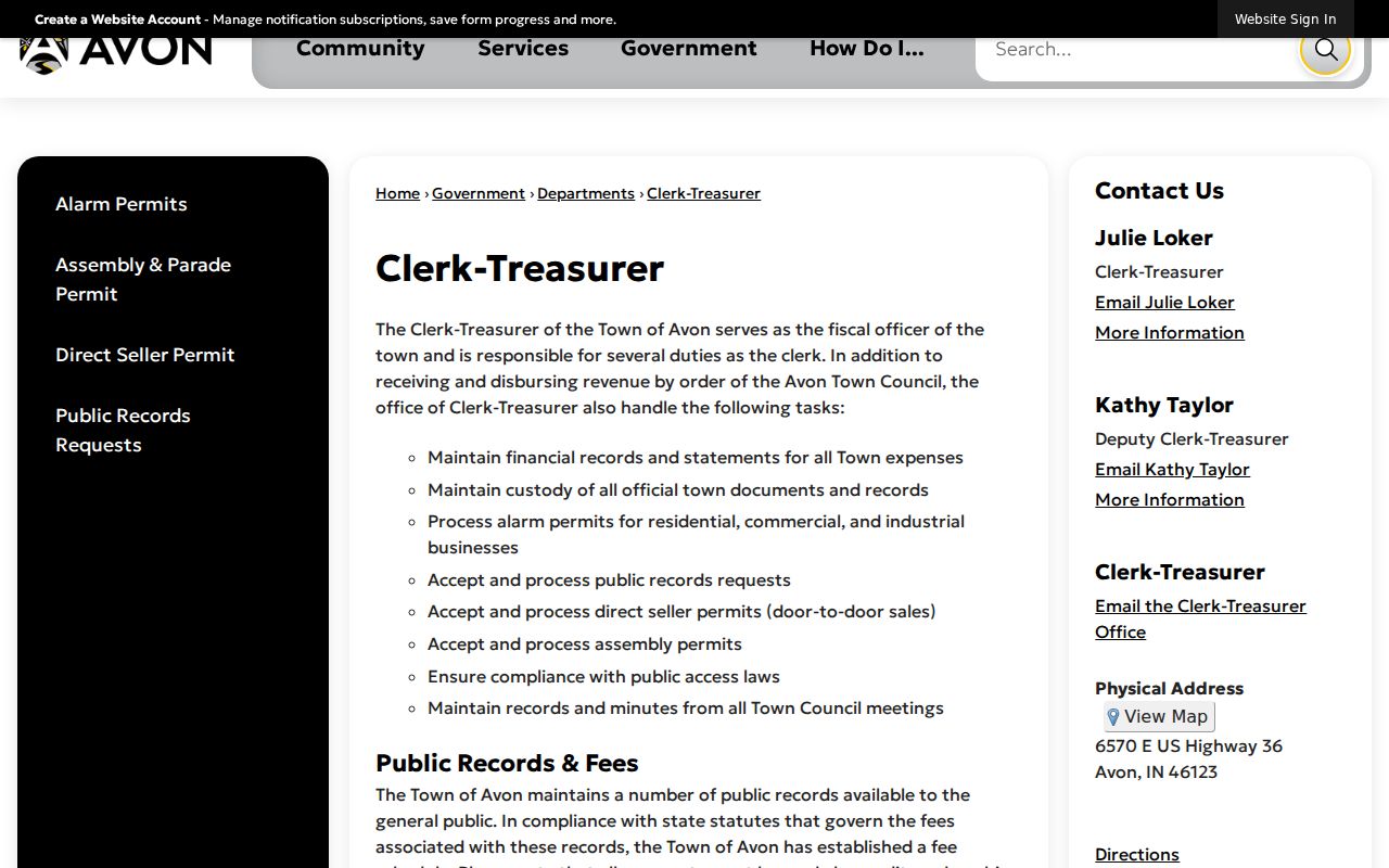 Town of Avon Clerk-Treasurer public records page