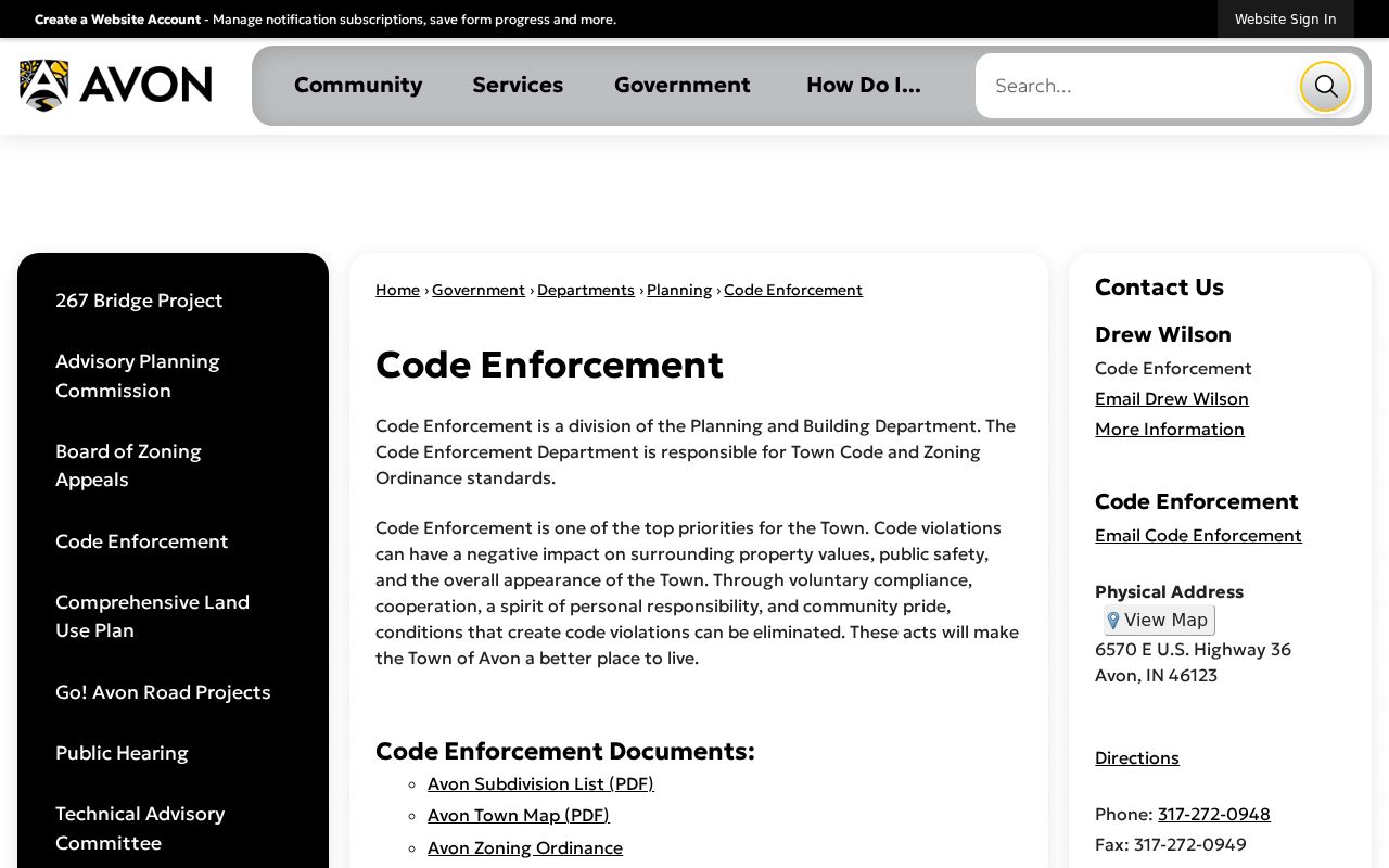 Avon Code Enforcement page for public block and address records