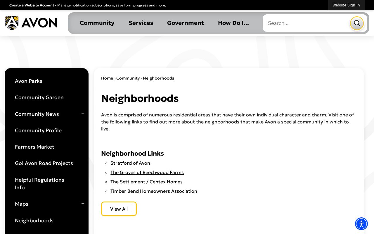 Town of Avon recognized neighborhoods page for local block contacts