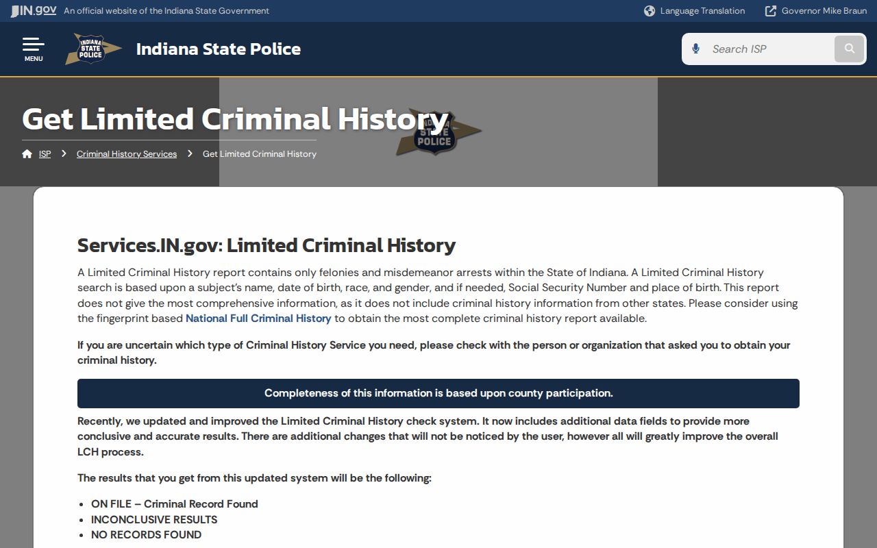 Indiana limited criminal history service for a narrowly scoped Avon search