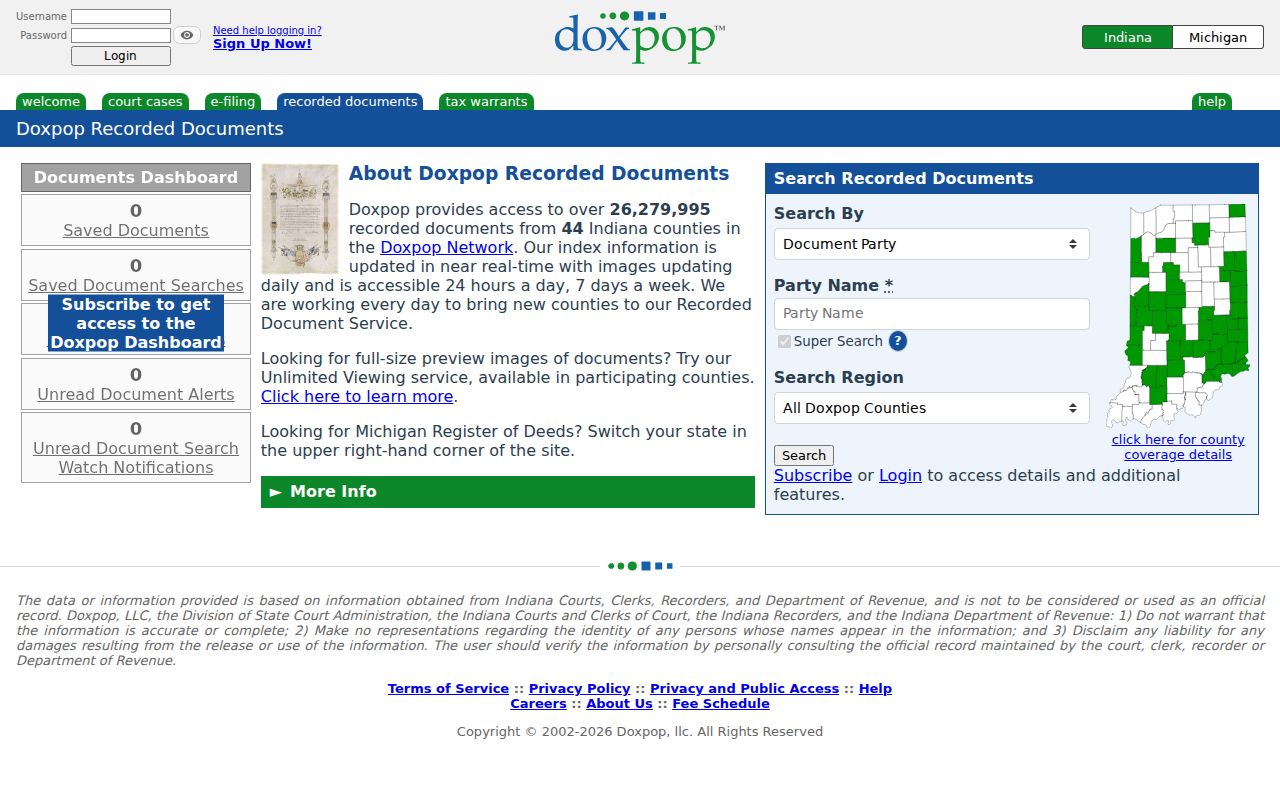 Doxpop recorded document search for Hendricks County deeds